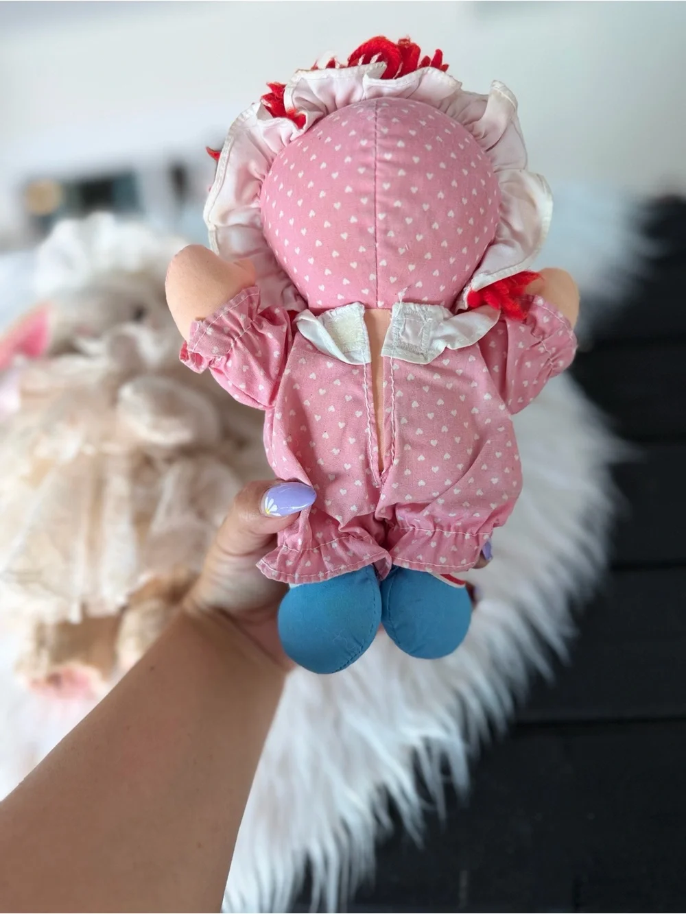 Vintage Plush Bunny in Ivory Lace Dress & Pink Rag Doll Pair - Soft Kids Toys